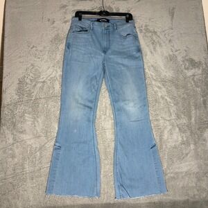 EXPRESS Bell Flare High Rise Jeans 8R Light Wash Stretch Split Hem Raw Edge